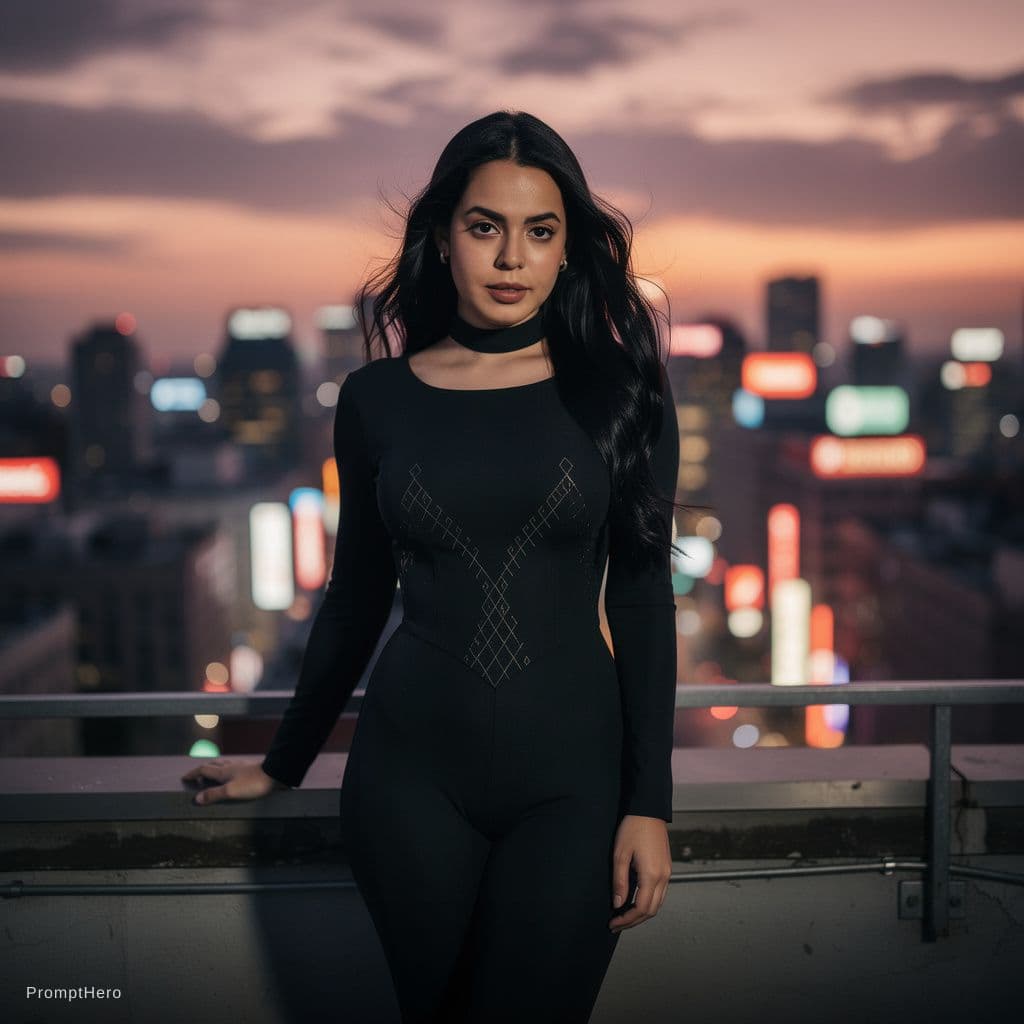 AI generated: A hyper-detailed, cinematic photograph of a young woman with a sculpted hourglass figure and confide...