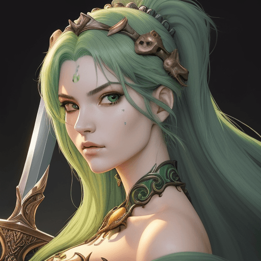 AI generated: ((best quality)), ((masterpiece)), (detailed), woman with green hair, holding a sword, (Artgerm insp...