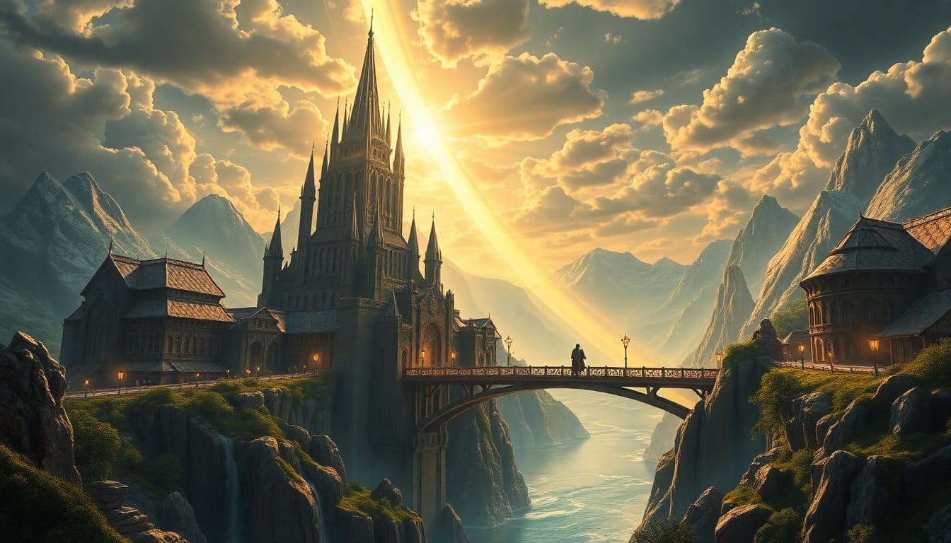 AI generated: Hyper realistic elaborate vision of Asgard, the home of the Æsir gods, including Thor and Odin. It's...