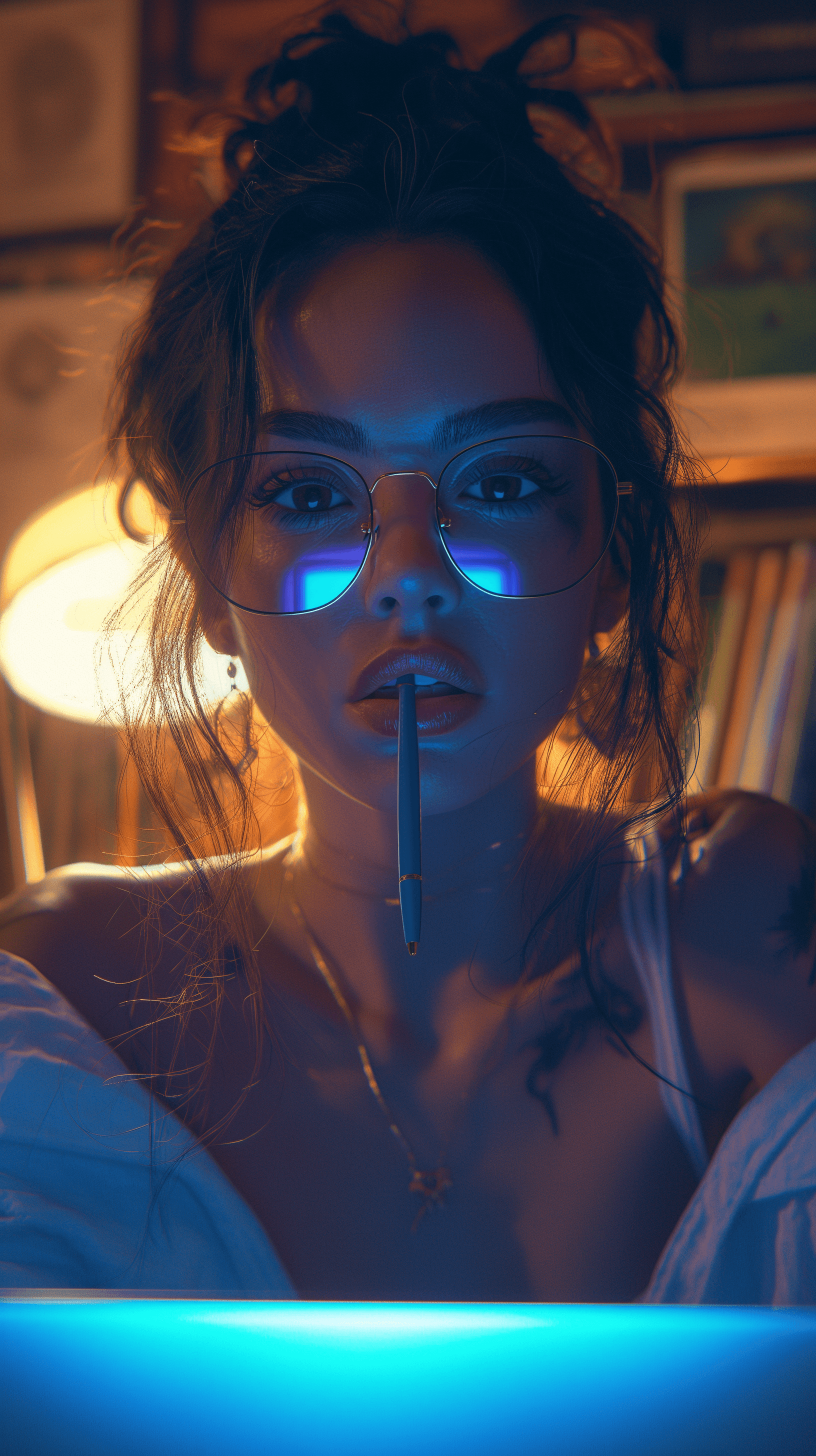 AI generated: photography, candid, woman, black bold glasses, wearing street fashion, seated, stylish, blue pen in...