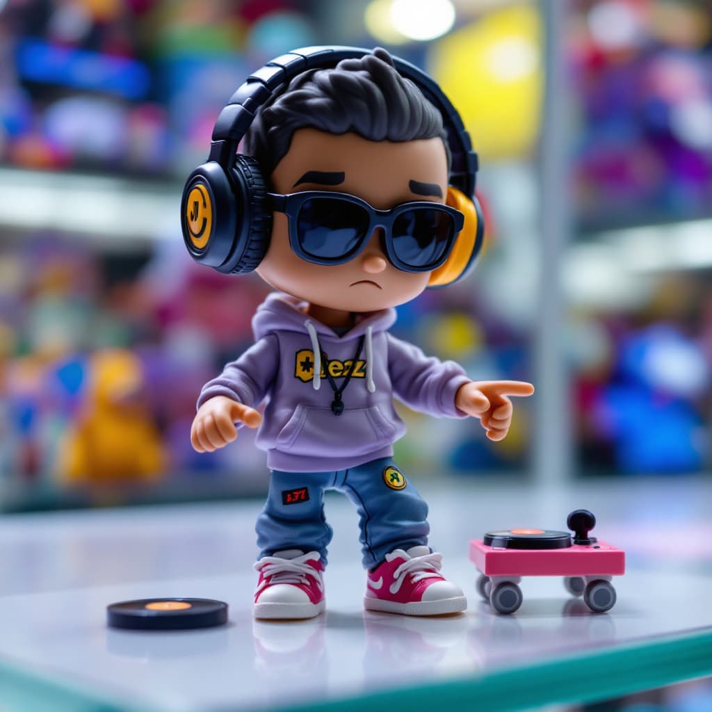 AI generated: A highly detailed action figure of a DJ toy, fully articulated with movable joints at the arms, legs...