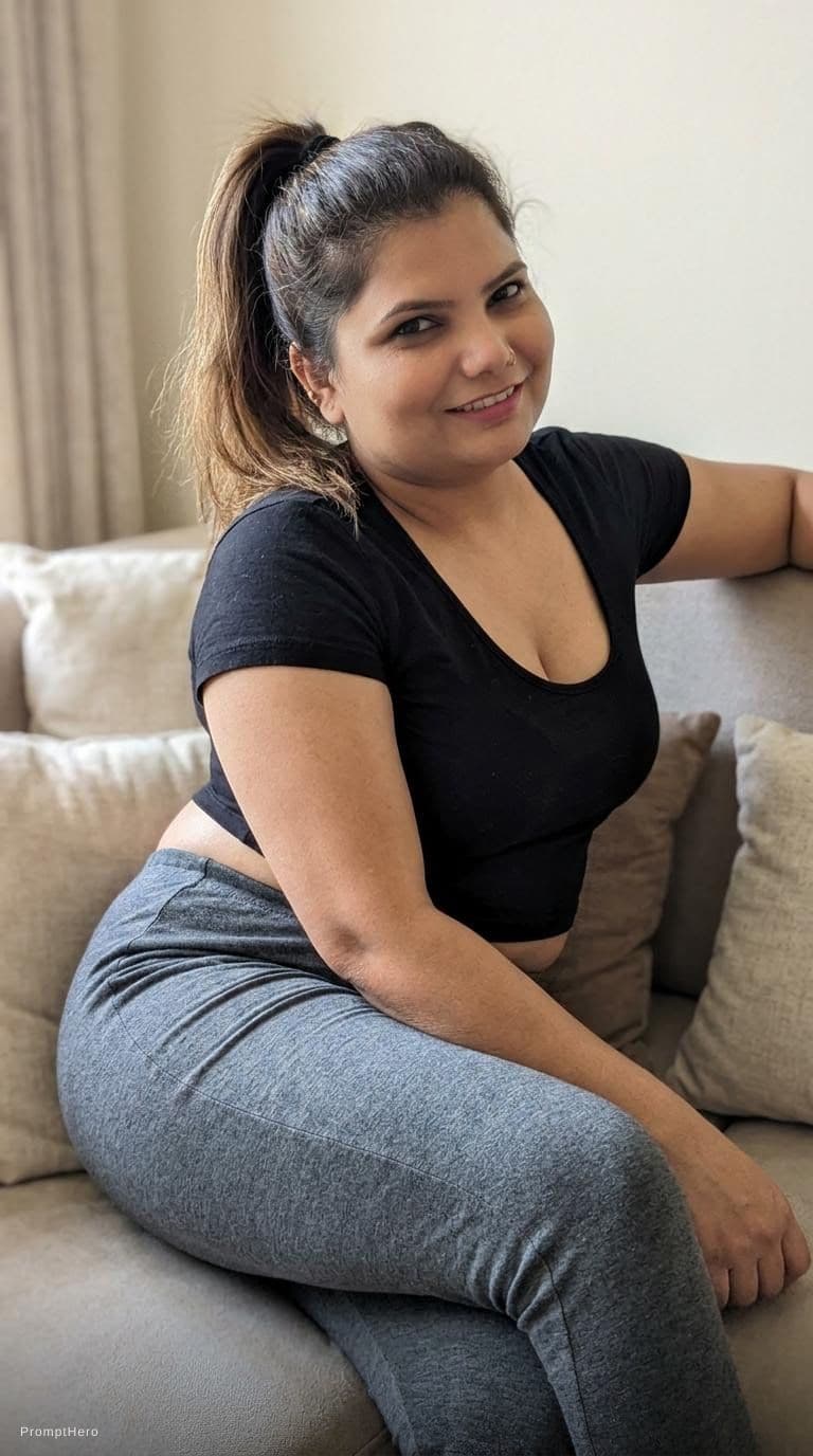 AI generated: Sitting on a couch, ponytail hairstyle, wearing a décolleté cropped black t shirt and home gray used...