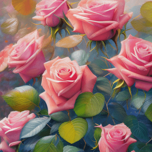 AI generated: oil painting of roses in full bloom, close-up, vibrant hues, textural contrasts, organic motion, vis...