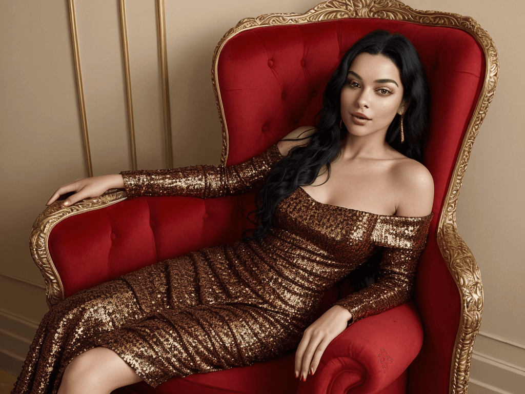 AI generated: The woman in the image is seated in a luxurious red and gold armchair, posing confidently with her l...
