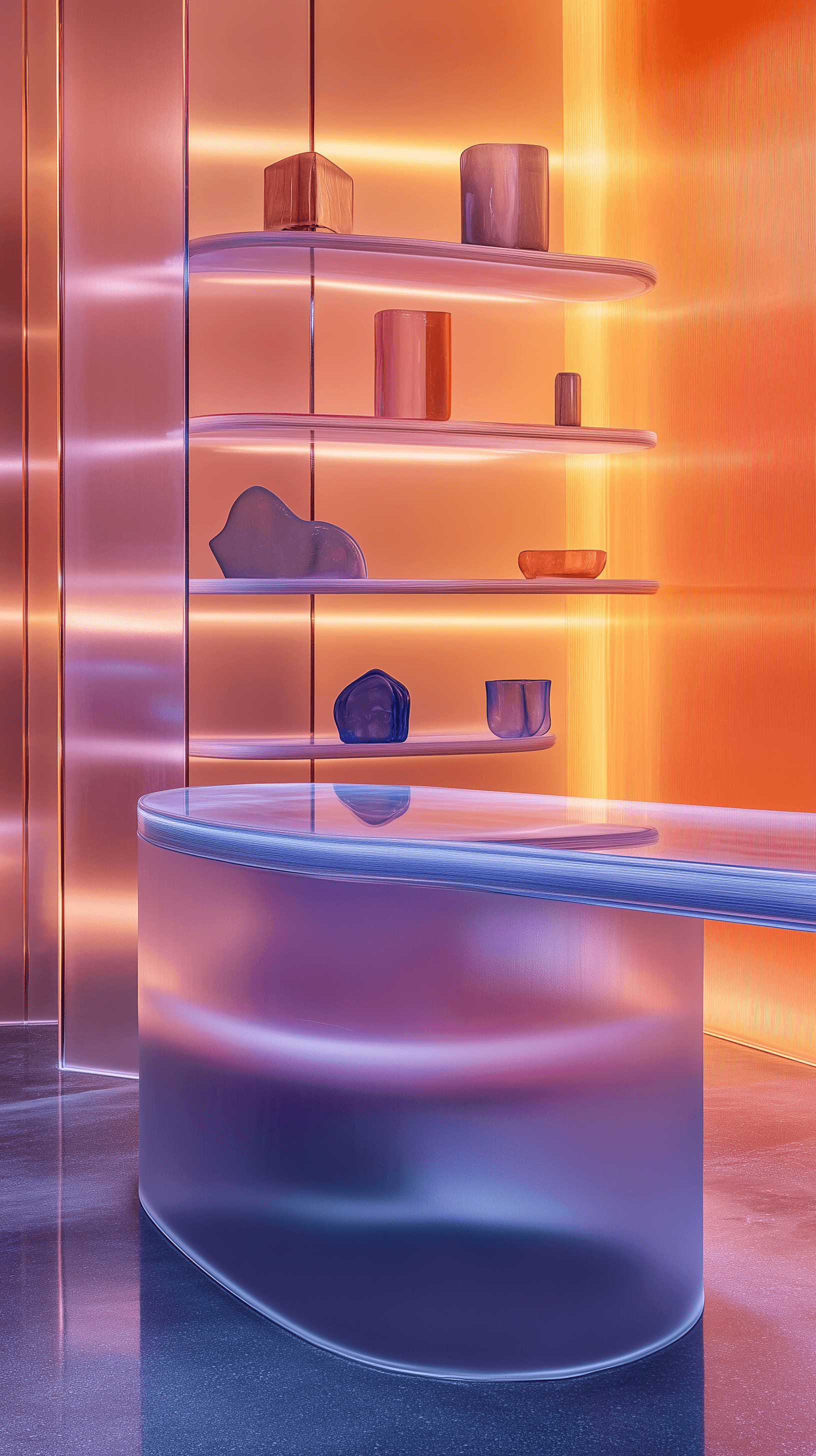AI generated: photography, futuristic retail gallery where functionality meets art, shelves, instead of metal, are...