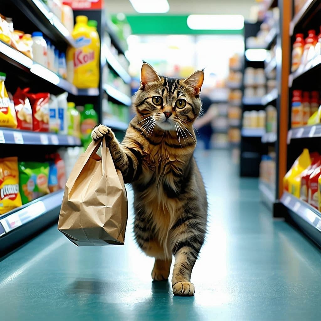 AI generated: a cat holding a bag in his front paw walks on his two hind legs to the grocery store



