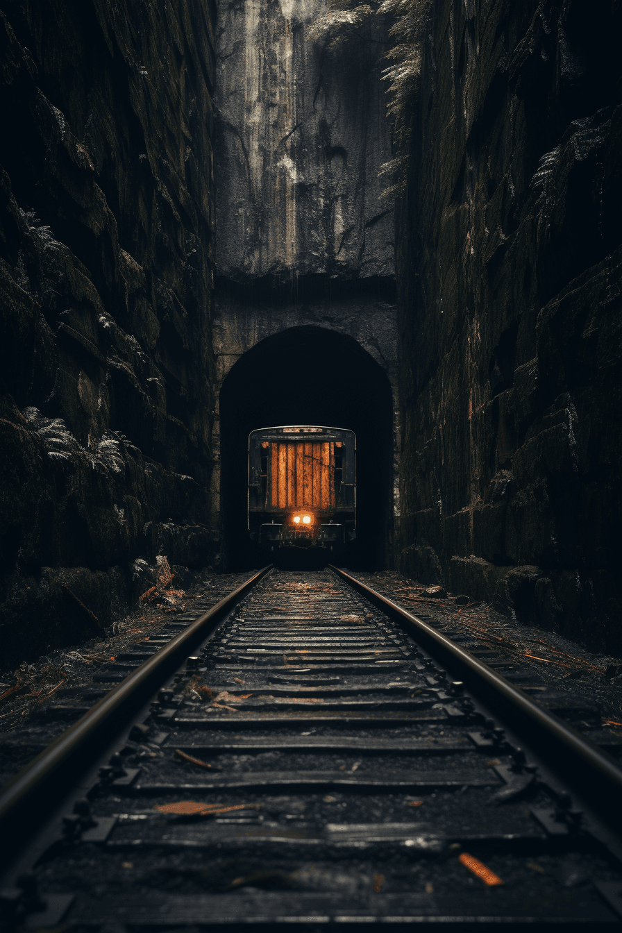 AI generated: a wooden board is hanging out of the tunnel where a tunnel entrance is, in the style of dark, moody ...