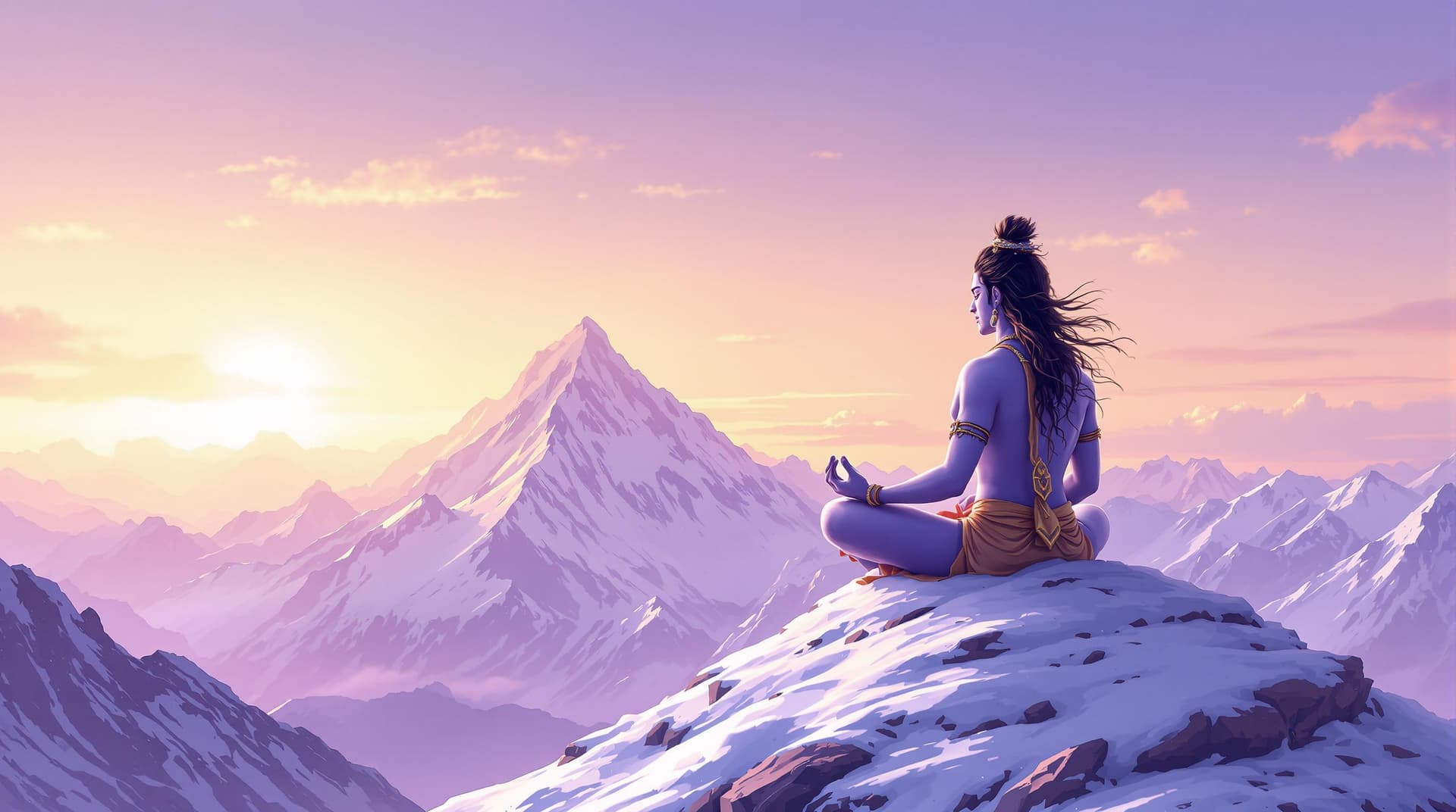 AI generated: "Illustrate Shiva in deep meditation on a snowy Himalayan peak, where the sky is softly transitionin...