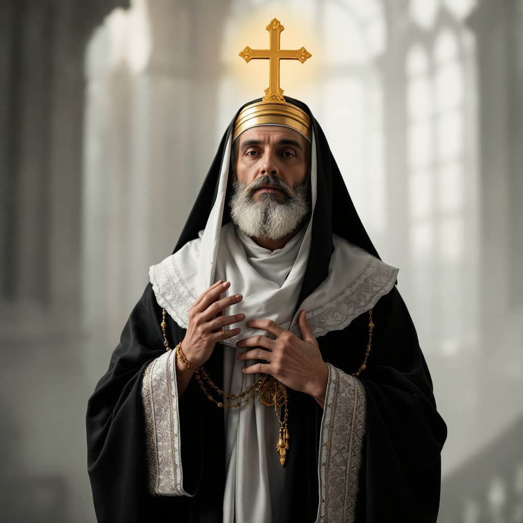 AI generated: 
monja traje clasico  audifonos en la cabeza, en iglesia 3D, tonos oscuros




