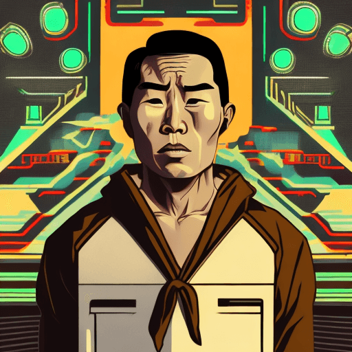 AI generated: retro futurism style, Asian man standing, scared facial expression