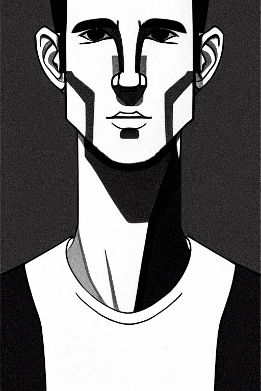AI generated: young man with long face, with clean shaven short beard, with dark hair, without hat, without glasse...