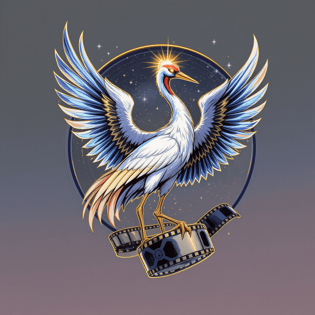 AI generated: "A stylized crane logo in anime/manga style for a film studio, with sleek clean lines and bold color...