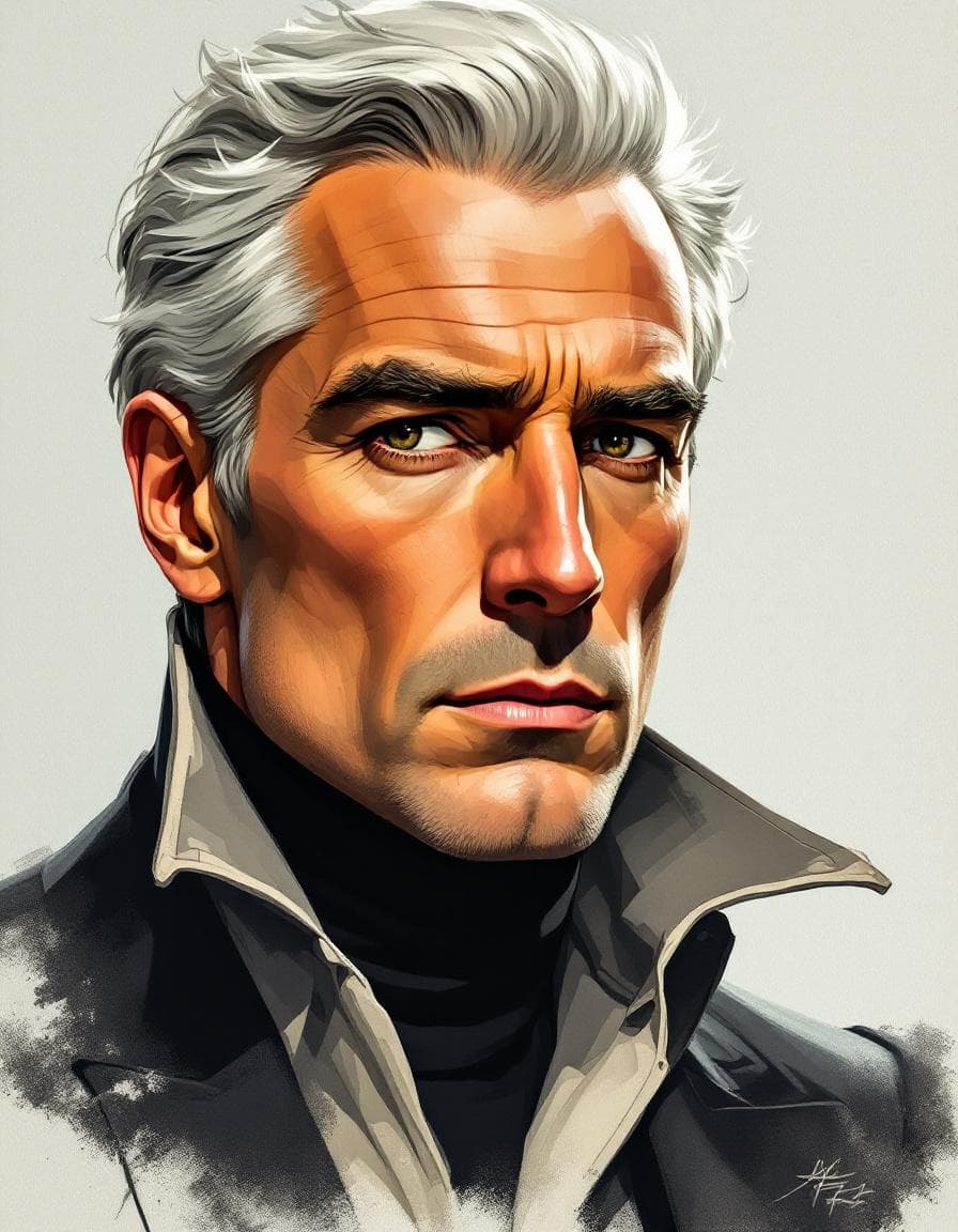 AI generated: Vintage fashion poster of an elegant man with silver hair, silver eyebrows, drawn in the style of Pa...