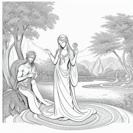 AI generated: Adan and eve in the garden of Eden, in the background the serpent offering the fruit 
image for colo...