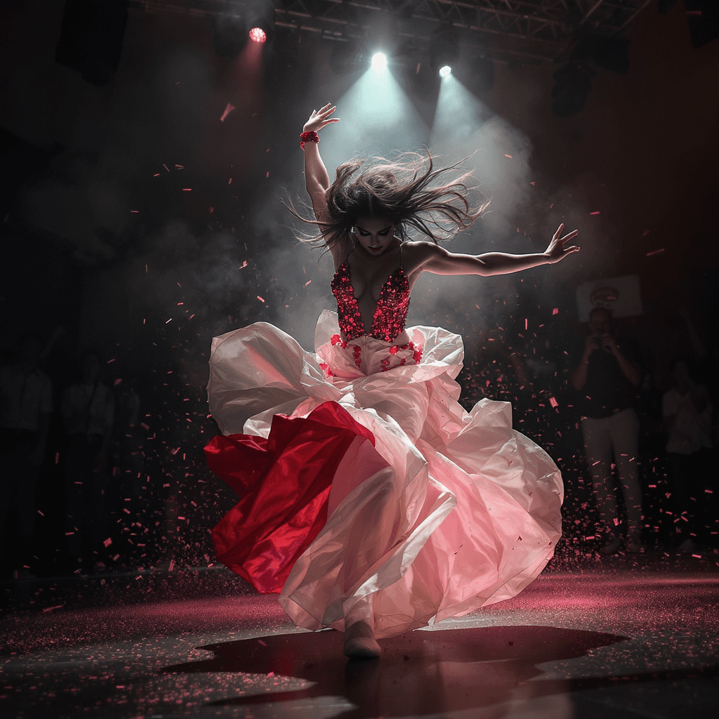 AI generated: As music swells, she transforms vulnerability into raw power, commanding the dance floor with magnet...