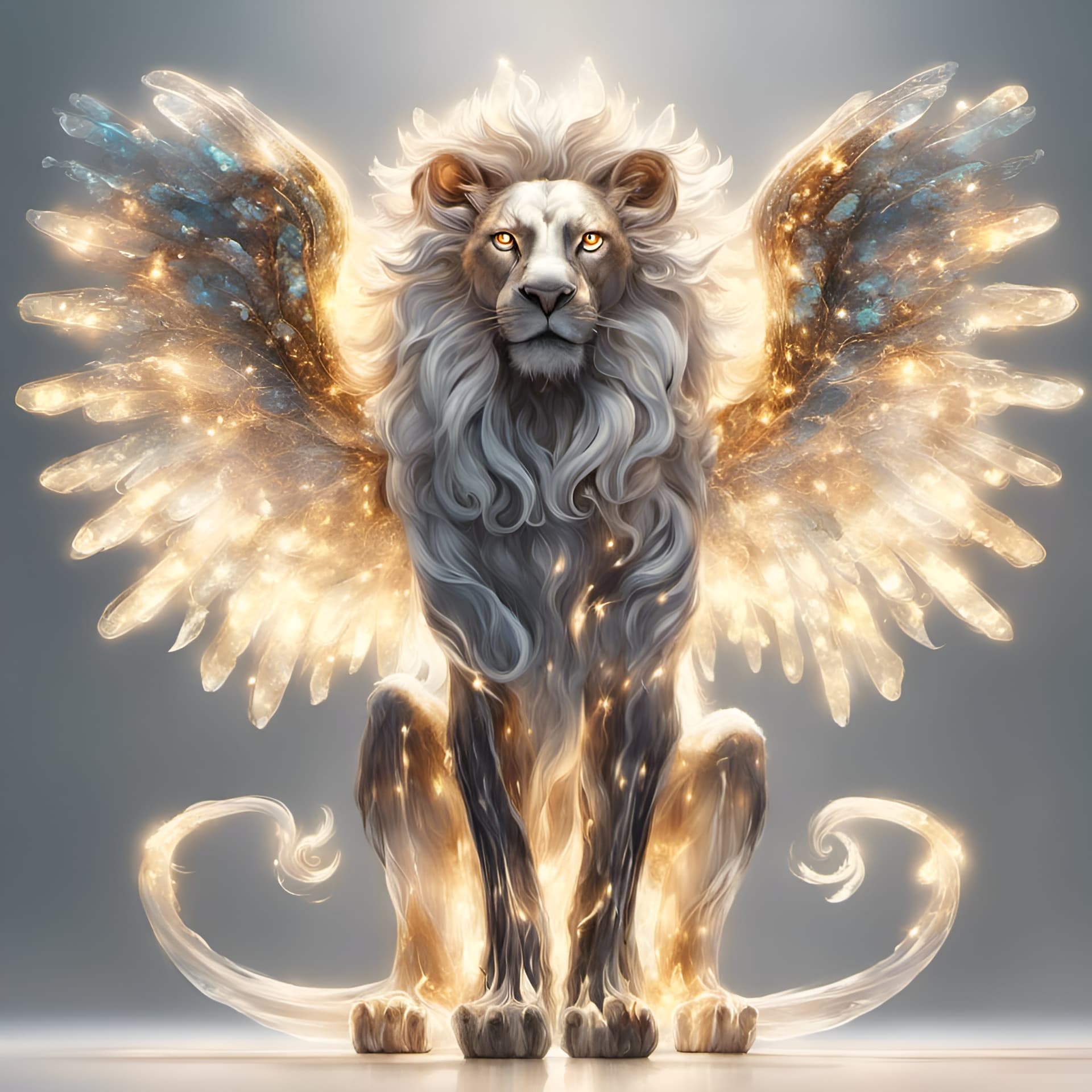 AI generated: A angelic mythical lion with spreading arms with glowing intricate transparent wings, symetrical hyp...