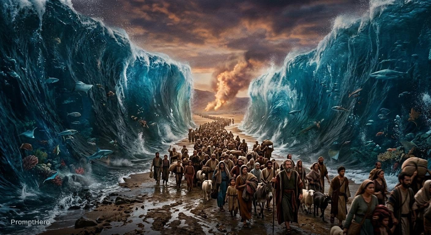 AI generated:  Scene 5 : The Amazing Miracle  ( 2 huge walls of water)