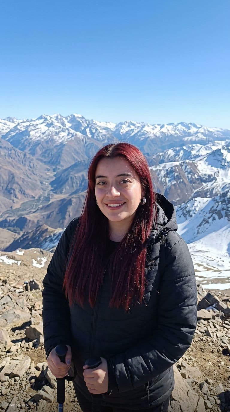AI generated: change de scenario, put her a black coat on the mountains