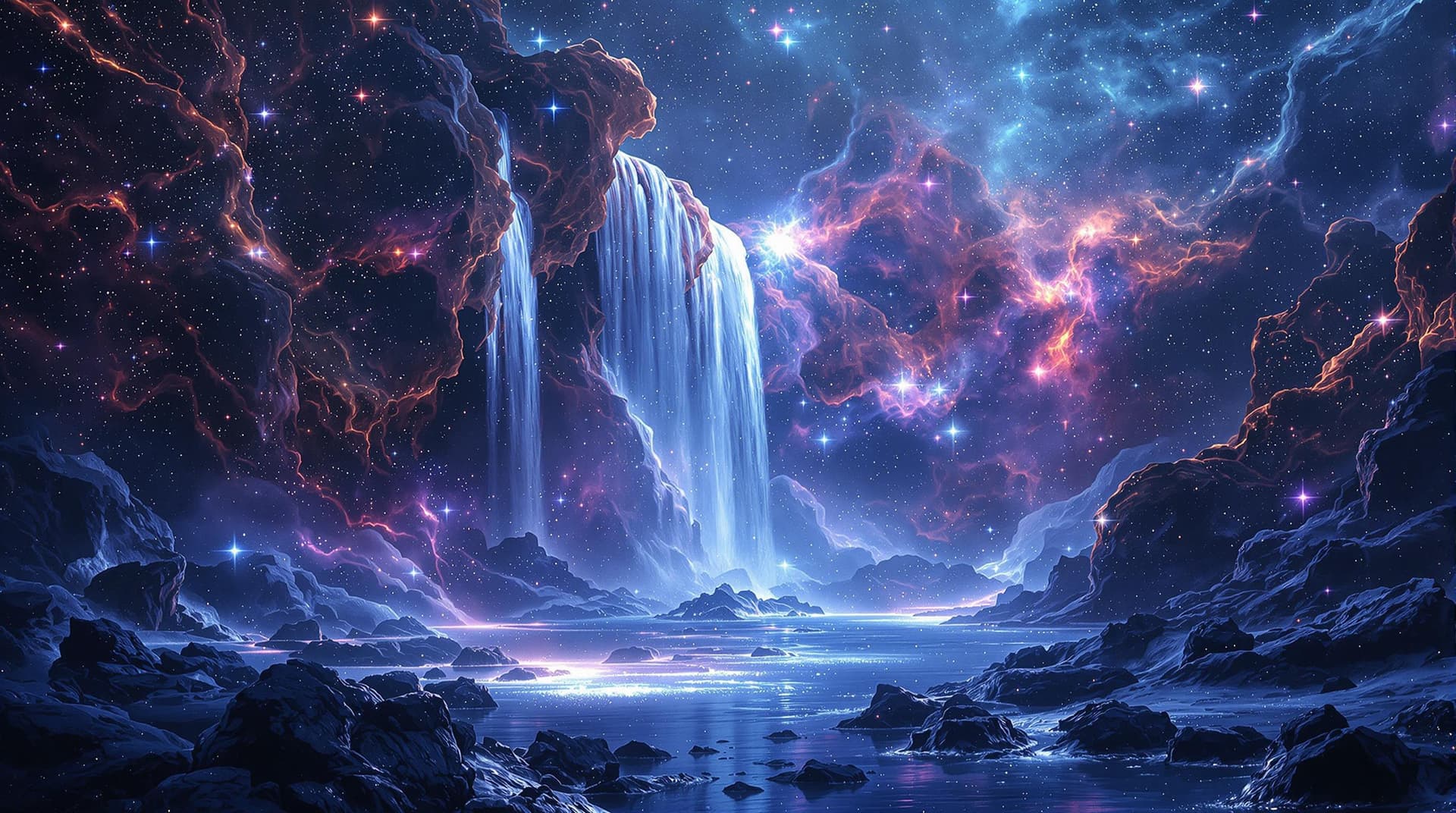AI generated:    a waterfall landscape   in a close up view, made with nebulas the gaz,stars ,stars cluster and du...