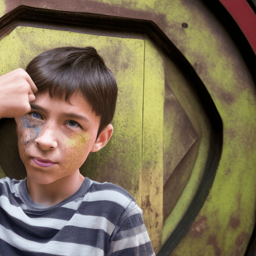 AI generated: closeup A young boy, about  10-year-old with short brown hair, wearing a green shirt, shorts, and re...