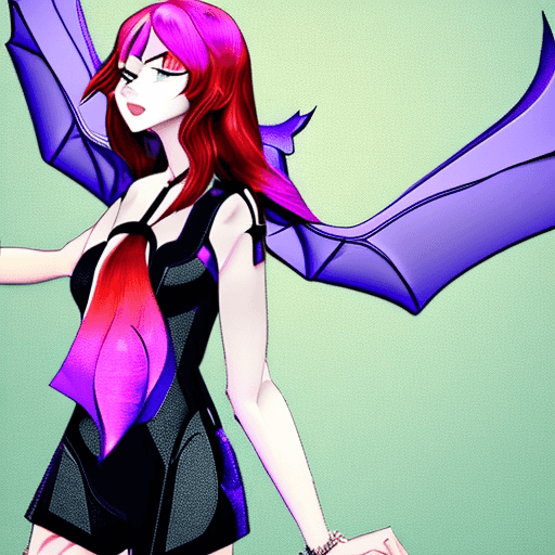 AI generated: Shamsiel Shahar, succubus, short wavy bright violet-red colored hair, bright red hair, shoulder leng...