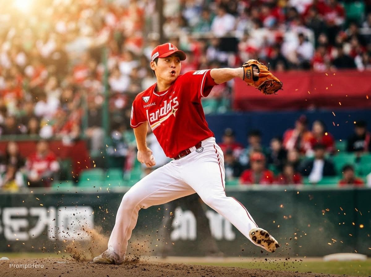 AI generated: Ultra realistic professional baseball poster, Korean baseball pitcher in dynamic pitching motion, fu...