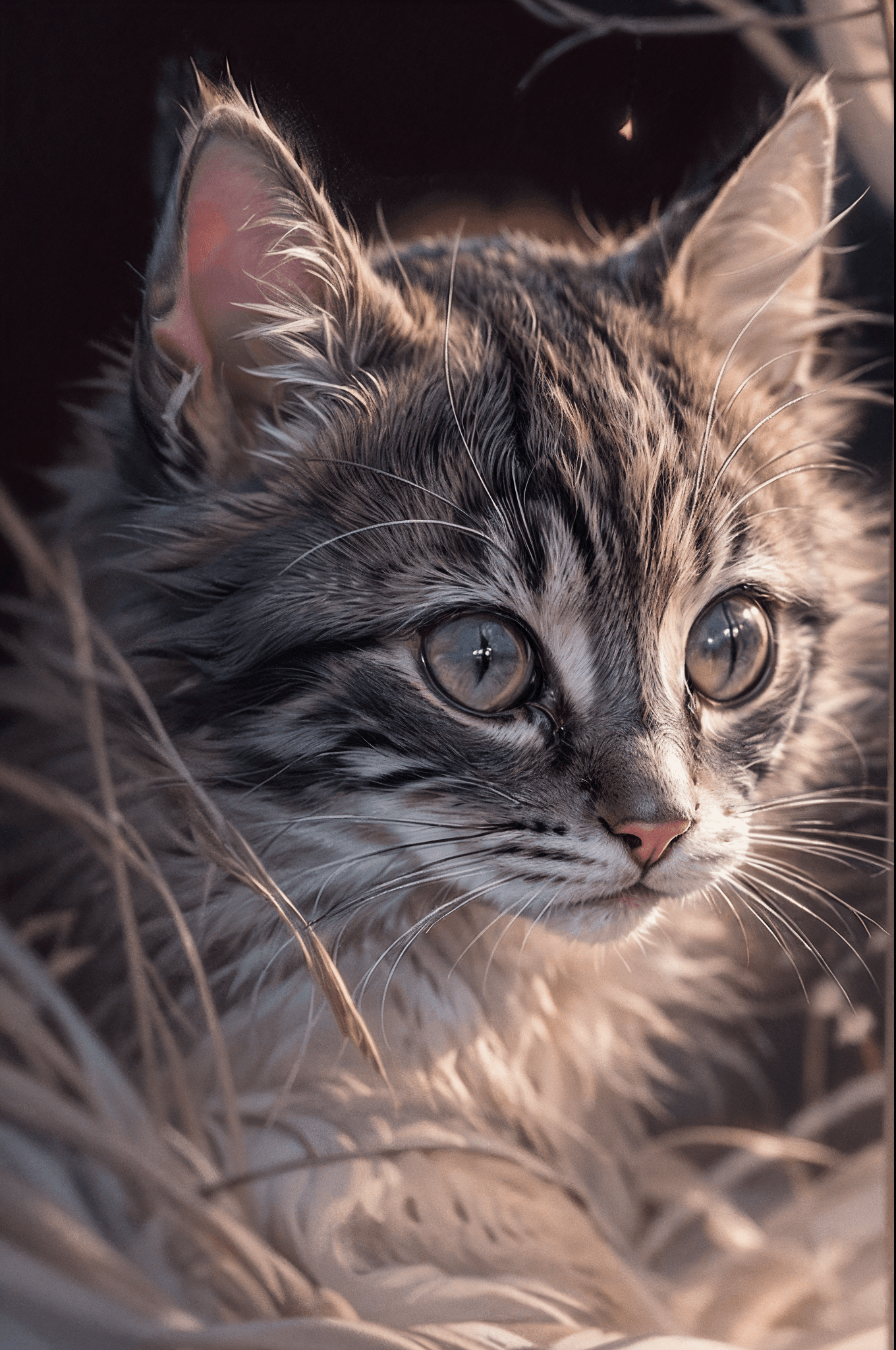 AI generated: Create a captivating image of a serene, little kitten nestled comfortably in a peaceful, nocturnal s...
