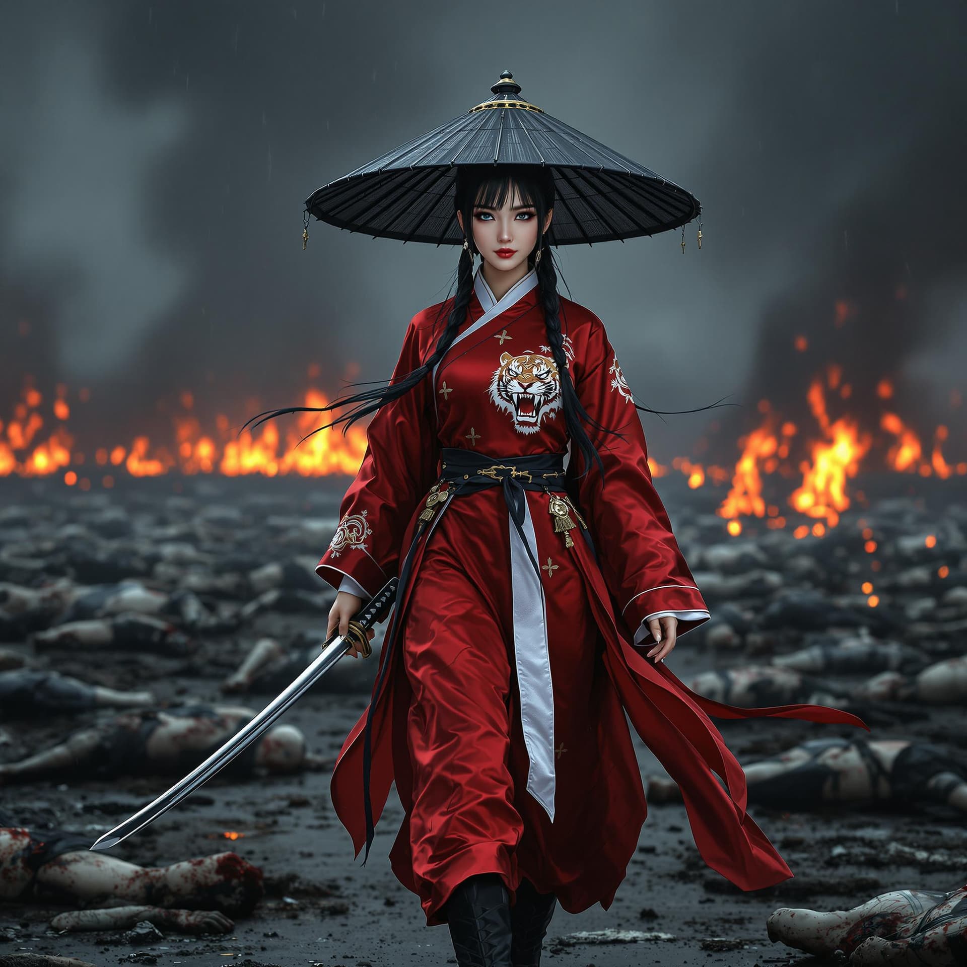 AI generated: HD hyper realistic zoomed out photo of a Chinese female warrior. She is walking toward the camera, s...