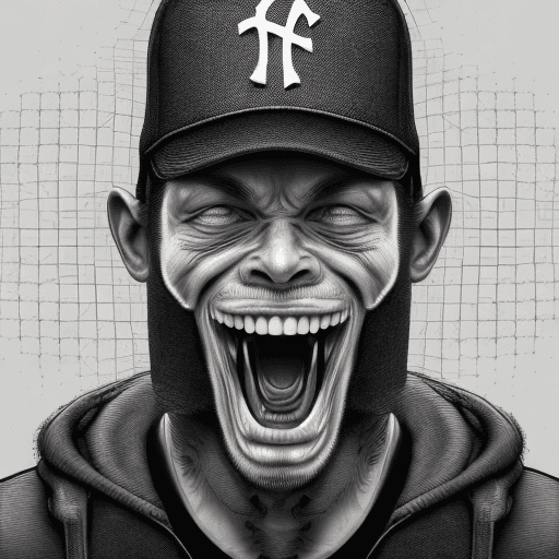 AI generated: A shockingly detailed monochromatic vector illustration of a screaming addict face , wearing a trash...