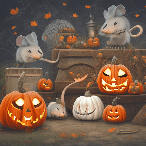 AI generated: Hyper realistic eye level exterior photo of PUMPKINS, MICE, MICE WITH HATS, JACK-O-LANTERN, SPIDERWE...