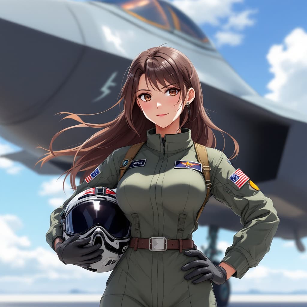 AI generated: A pretty female pilot standing in front of an F35A Lightning II jet fighter, holding a helmet under ...