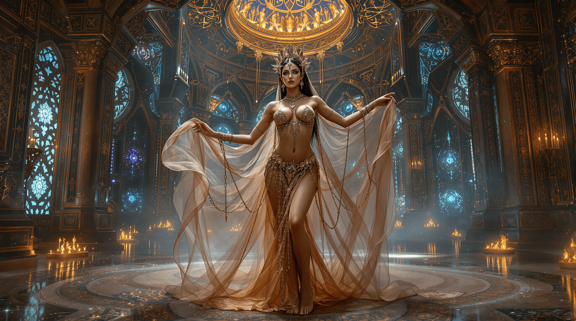 AI generated: Full body view of  A 19th-century masterpeice oil painting style depicting a   belly dancer woman in...