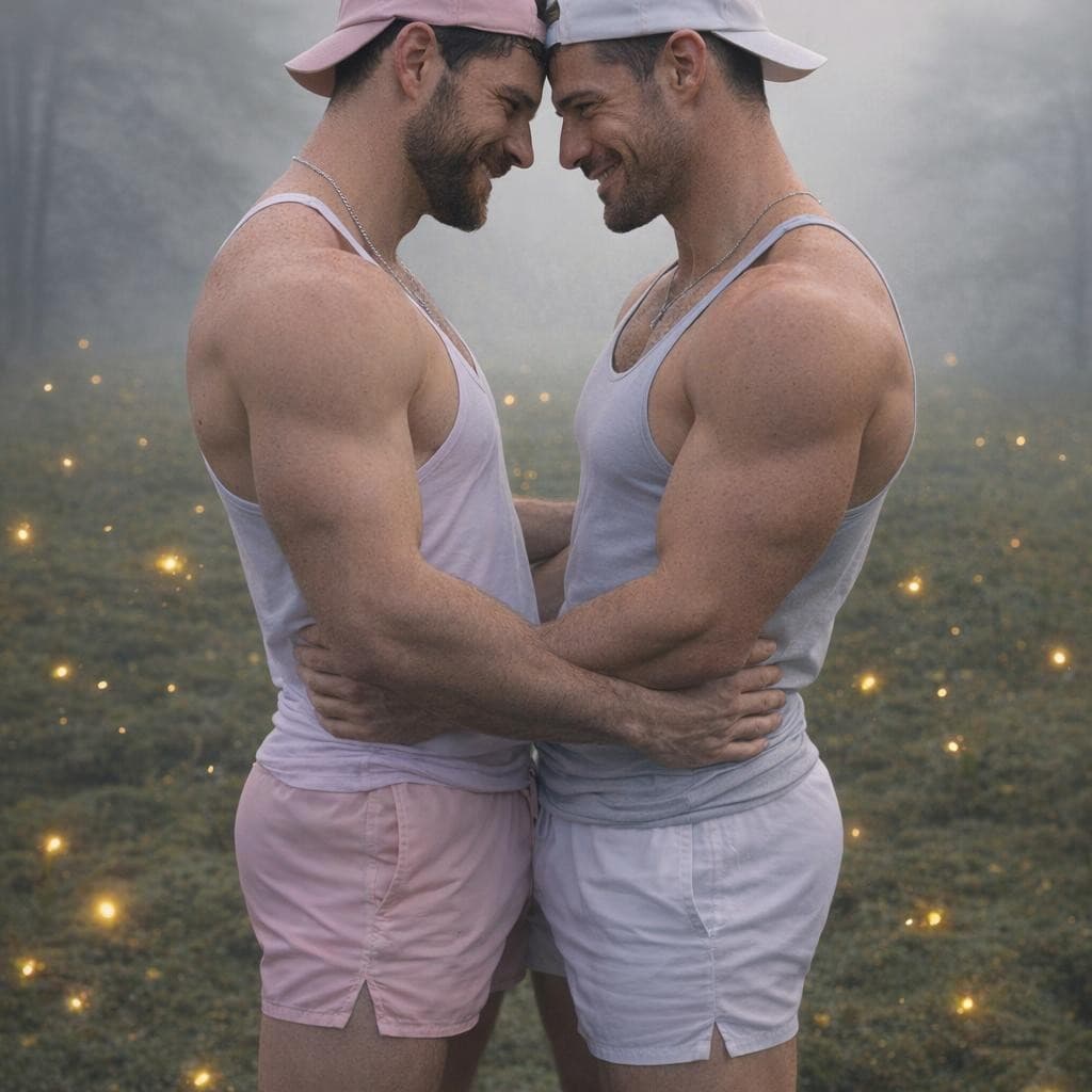 AI generated: Make these men standing in mossy field while foreheads pressed against one another's looking into ea...