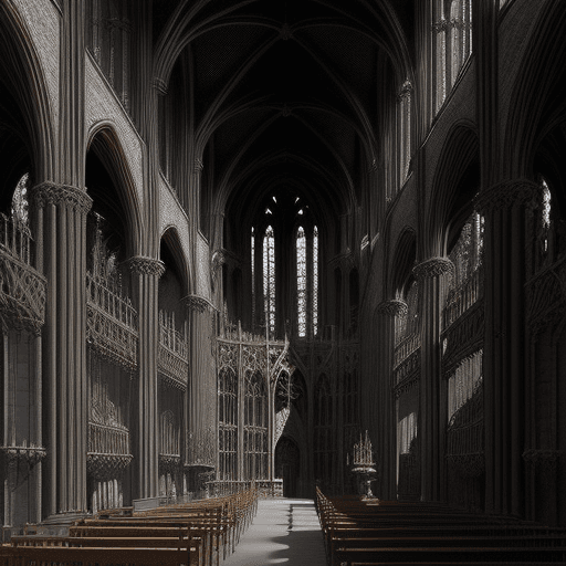 AI generated: wide-angle interior salon of a medieval gothic cathedral made of rib cages and bones in the style of...