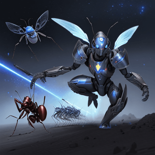 AI generated: 100 unit army, blue ant army group with silver armor invasion the planet, gun fire each other with r...