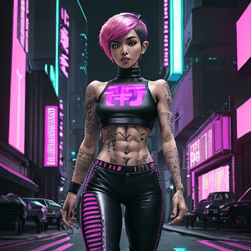 AI generated: Cyberpunk binary code tattooed freckled net runner Filipina girl,sporty, fit body, eleven line abs, ...