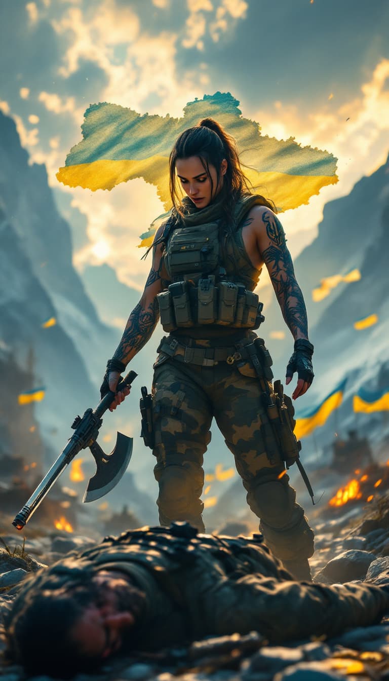 AI generated: An all over the body Tatooed with Ukrainian trident motif heavily armed with rifles and a futuristic...