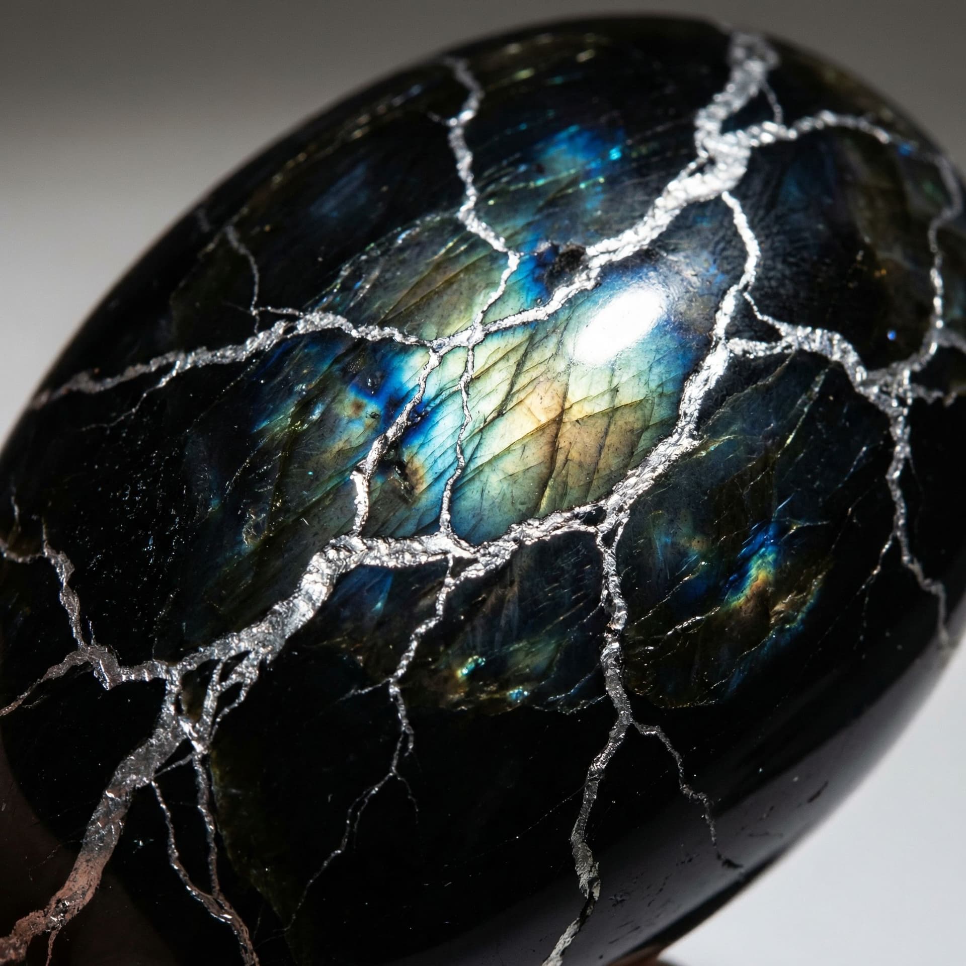 AI generated: Black obsidian with platinum veins flowing through it like lightening and it has a shine like Labrad...