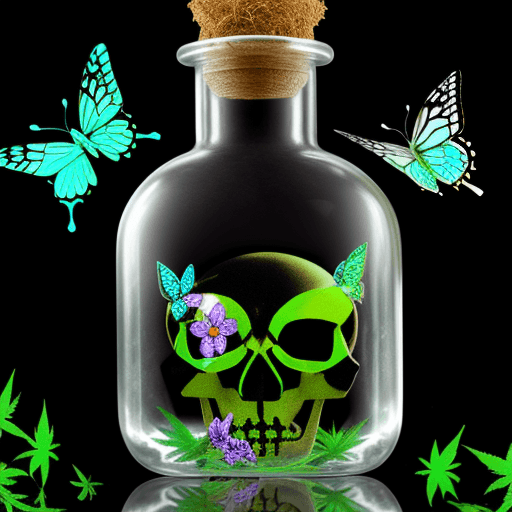 AI generated: weed skull with butterflies in a glass bottle
