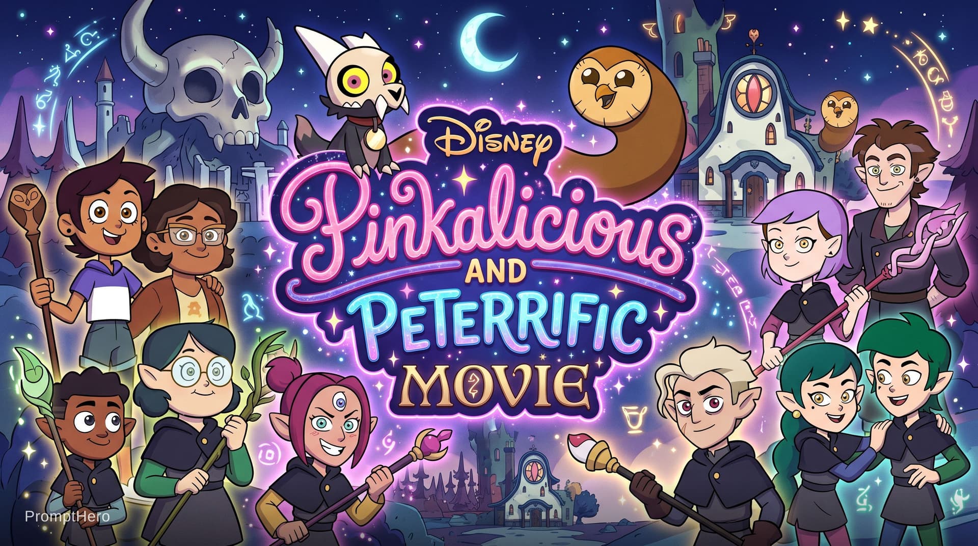 AI generated: Disney Pinkalicious and Petterrific Movie logo, featuring Luz Noceda, Camila Noceda, Amity Blight, E...