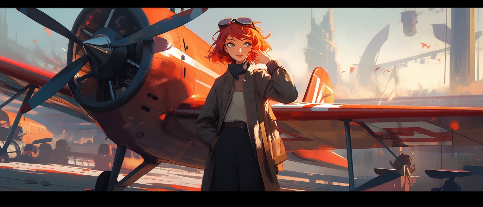 AI generated: A female aviatrix with red hair standing on the wing of a supermarine spiitfire, she is smiling at t...
