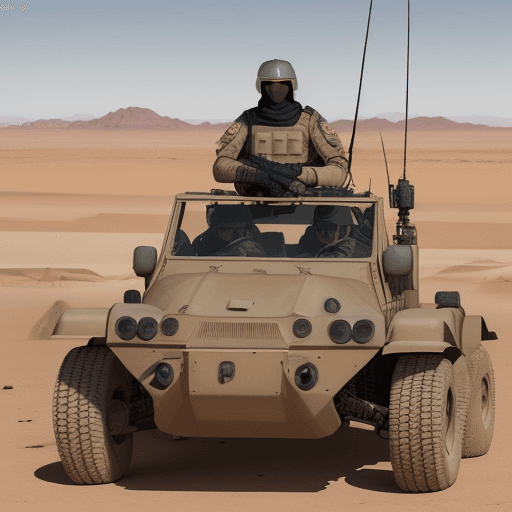 AI generated: character, desert security force, peacekeeper, open desert, wide angle, On a parachute and driving a...