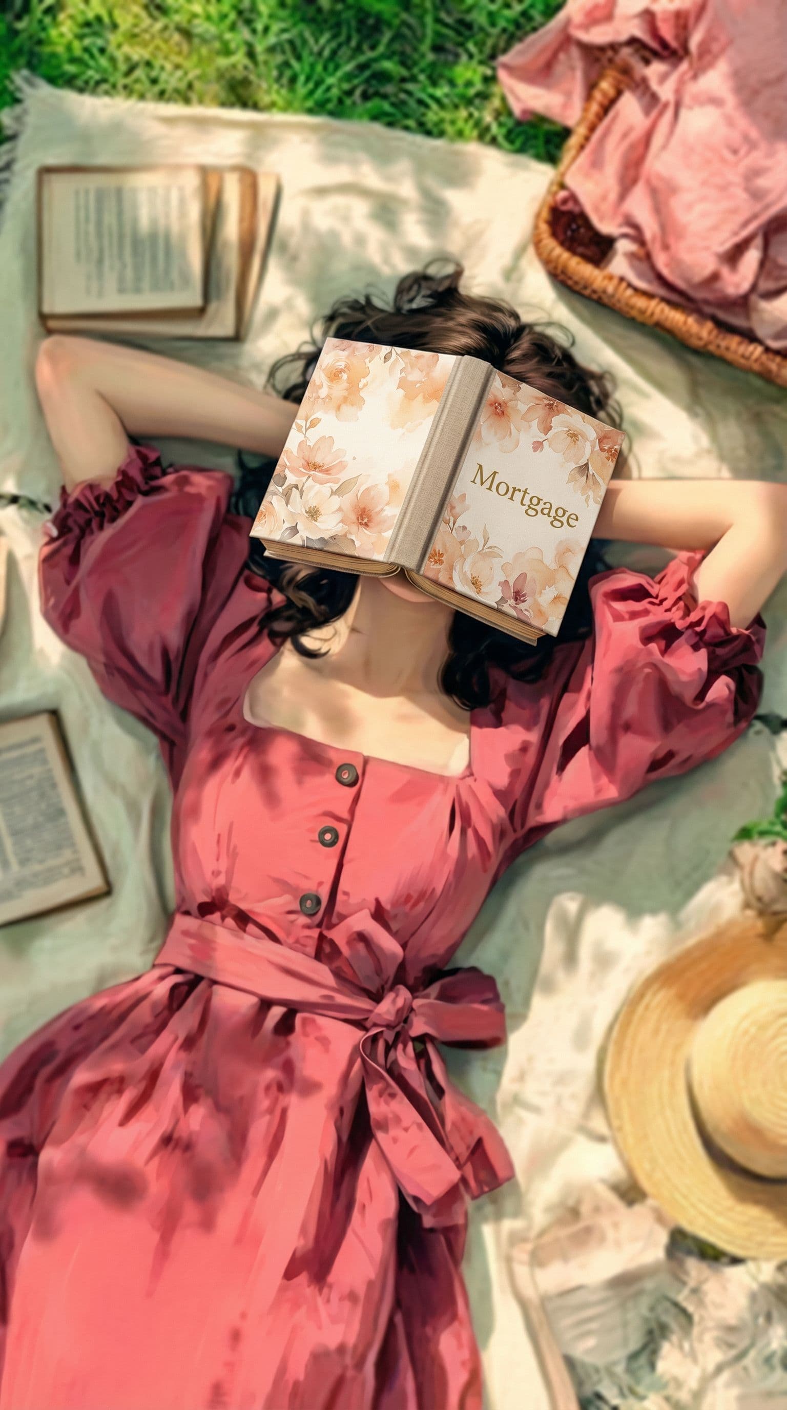 AI generated: A realistic hardcover book placed naturally over a person’s face, viewed from above. The book looks ...