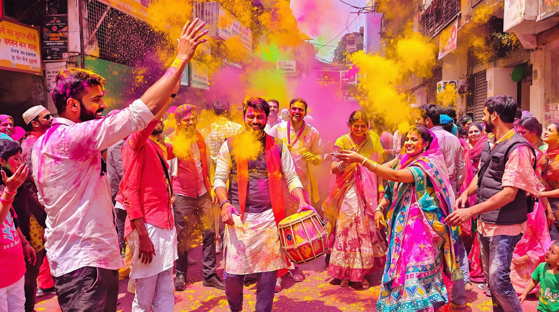 AI generated: ➡️ A vibrant Indian street during Holi, people throwing colorful gulal in the air, traditional drums...