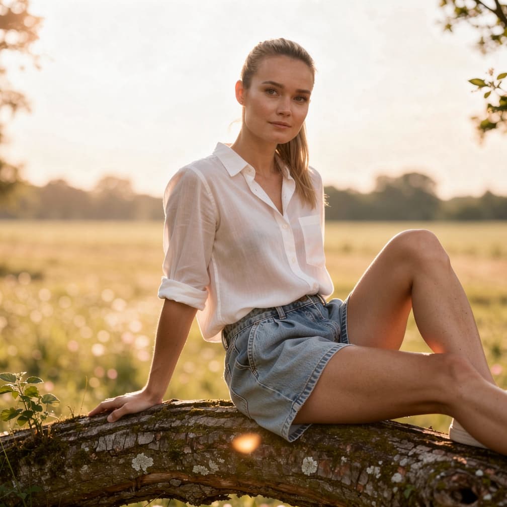 AI generated: A woman relaxes in contemplation on a thick branch of a tree, her style radiating through every deta...