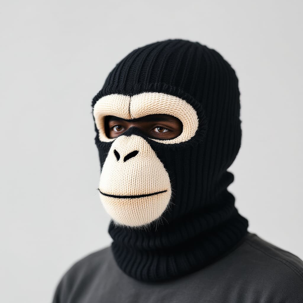 AI generated: a black ribbed knit skimask, 3 holes, white chimpface knitted on it

