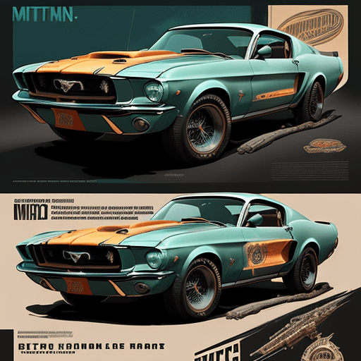 AI generated: highly detailed infographic of retrofuturism old-mustang style cars found in popular mechanics magaz...
