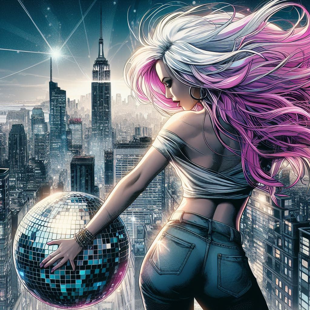 AI generated: the woman with white pink hair dancing in the city over a disco ball digital art