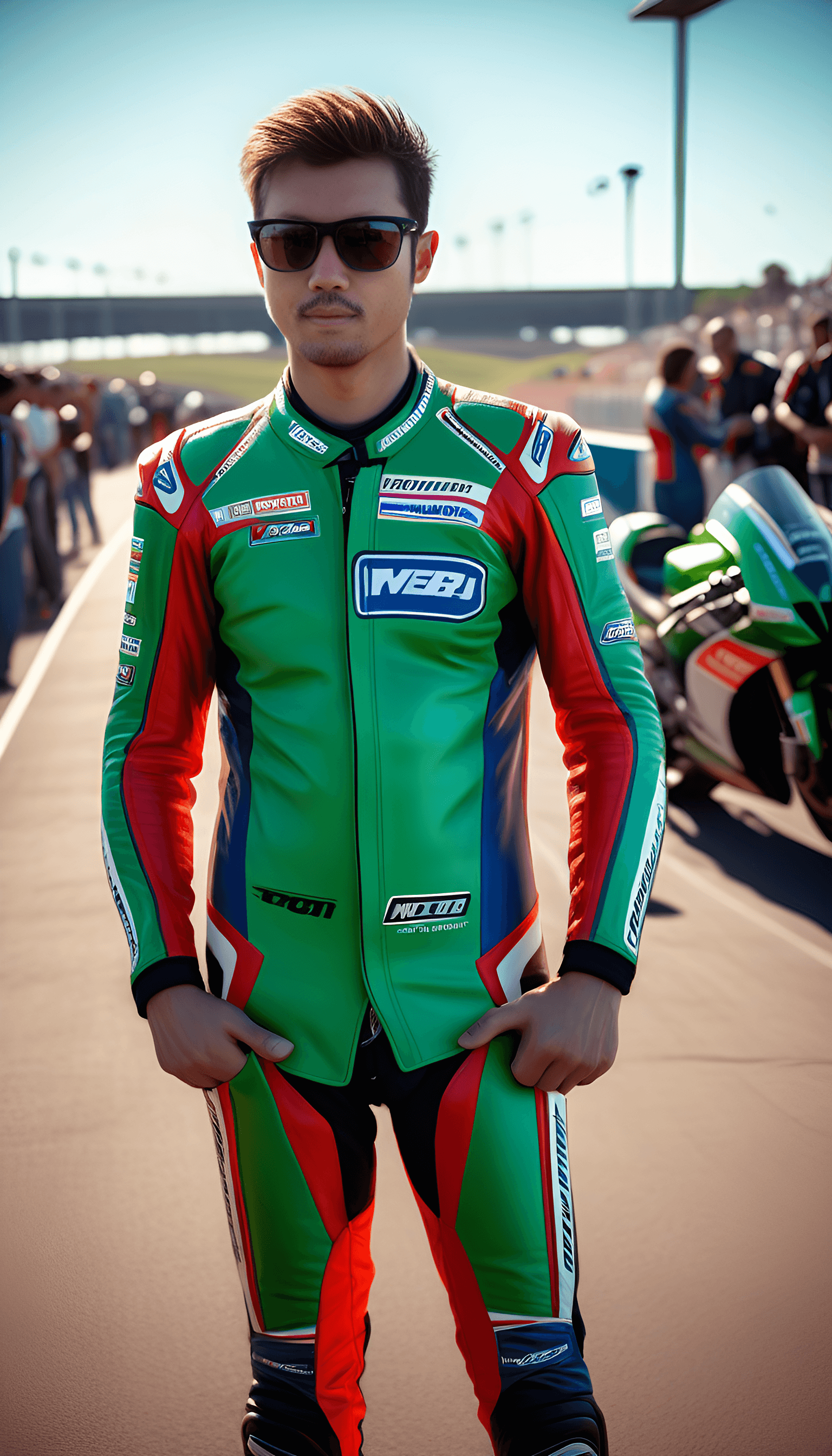 AI generated: potrait a man, a racer stands in front of his racing motorbike next to the racing circuit track, ser...