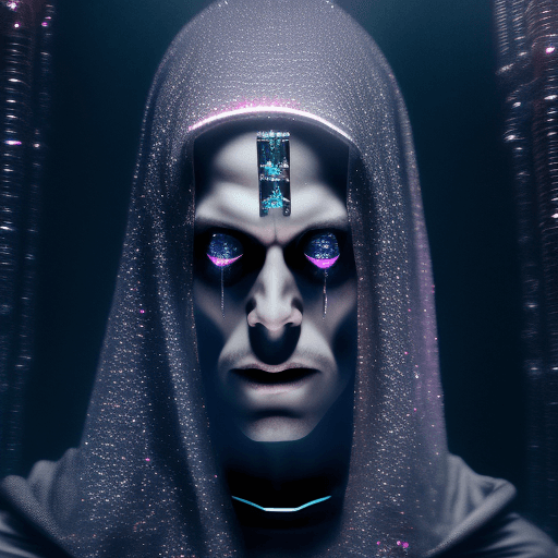 AI generated: portrait of a man made with shiny futuristic crystals, scary nun, creepy, horror, dark, ghoul, intri...